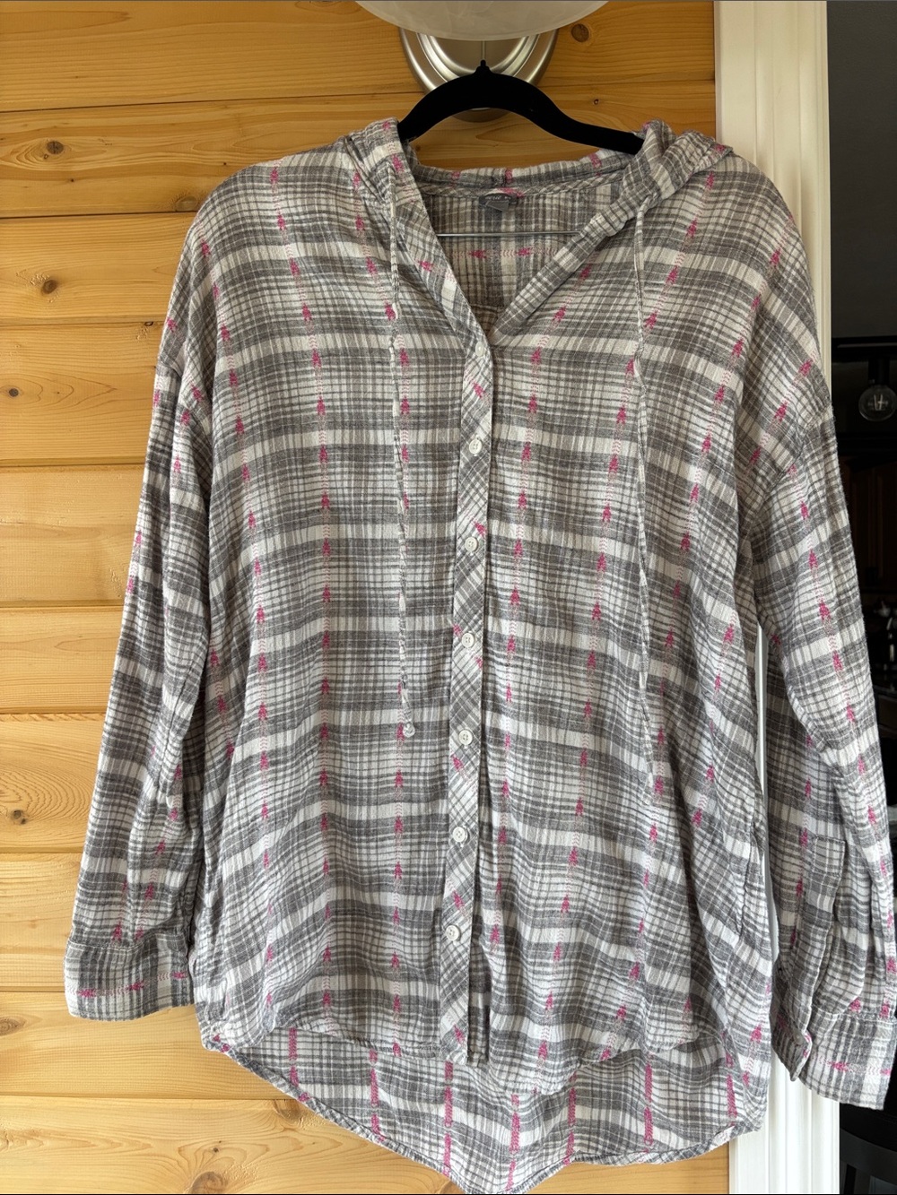 aerie Gray Plaid Button-Down Hooded Shirt with Pink Detail
